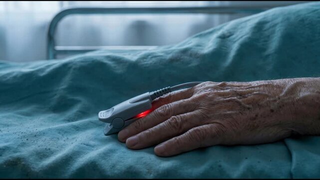Slow motion footage of a pulse oximeter clipped to an elderly patient's hand on a hospital bed used for monitoring oxygen saturation and heart rate in a clinical medical setting