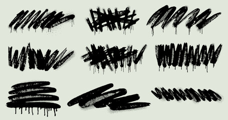 Graffiti spray paint squiggly lines with drips, splatters. Curly loop stroke, bold brush underlined, ink blots with aerosol effect. Grunge clipart hand drawn street elements for poster, sticker, cover