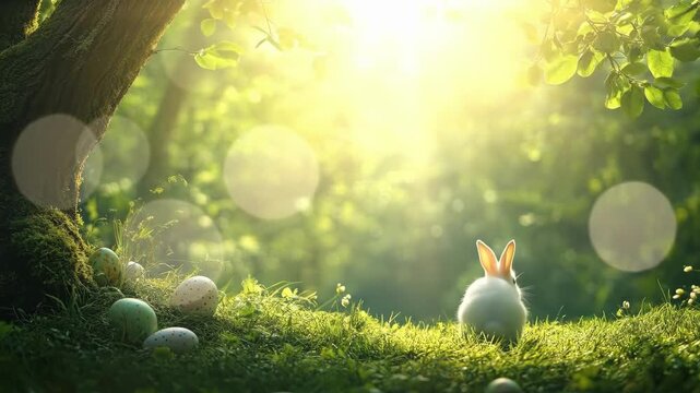 Cute rabbit in sunny forest clearing with colorful easter eggs on grass. Easter, Pascha, Paskha, Ostern, Pascua, Paques - Orthodox and Catholic Holiday celebration