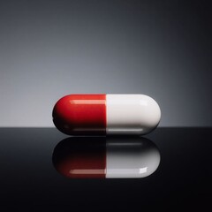 A Vibrant Red and White Capsule Sits on a Sleek, Dark Reflective Surface, Enhanced by Dramatic Lighting and Shadows, Emphasizing its Form
