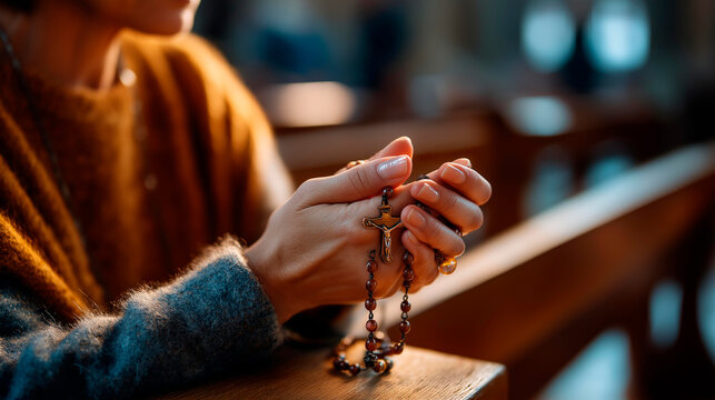 Close up of a woman's hands from above gently holding a strand of prayer beads with a small crucifix visible the beads worn smooth from devoted use soft warm church interior