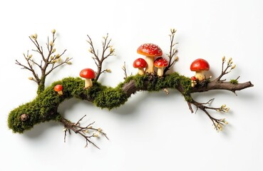 Naklejka premium Mossy tree branch displays red capped mushrooms, budding twigs against stark white background. Arrangement evokes forest floor flora, natural growth, autumnal elements in still life composition.