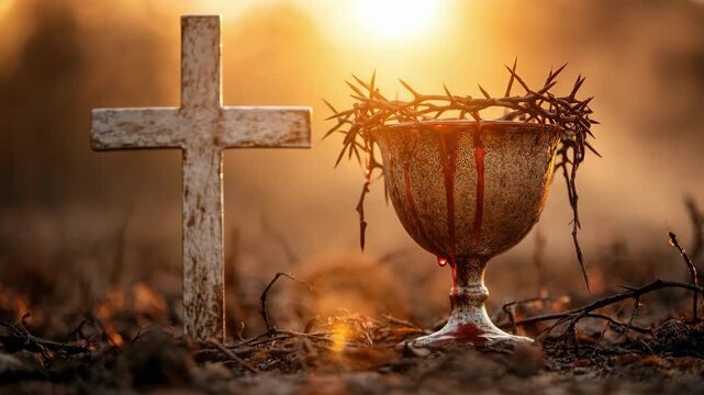Crown of thorns and chalice with cross at sunset in symbolic reflection. Easter, Pascha, Paskha, Ostern, Pascua, Paques - Orthodox and Catholic Holiday celebration