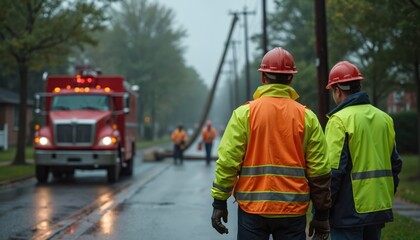 Utility workers in hard hats assess a fallen power pole and downed lines on a wet street. A red emergency service truck is nearby. Rain continues.