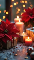 Obraz premium Red poinsettia flowers sit with lit candles and gold gift boxes. Winter holiday scene has bokeh lights for festive mood. Christmas celebration still life.