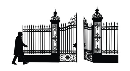 An ornate wrought iron gate stands open with a person walking by in a striking silhouette high quality professional detailed modern © rabbivay