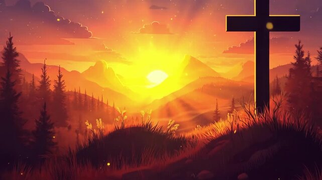 Good friday sunset with cross in serene mountain landscape. Easter, Pascha, Paskha, Ostern, Pascua, Paques - Orthodox and Catholic Holiday celebration