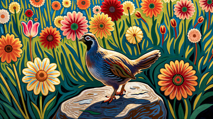 Fototapeta premium A blue-gray partridge stands on a rock amidst a vibrant, colorful garden filled with daisies and other wildflowers under bright sunlight.