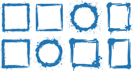 Collection of Blue Grunge Frames and a Splatter Circle on White Background 