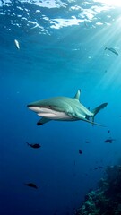 Obraz premium A shark swims underwater near a coral reef with sunlight