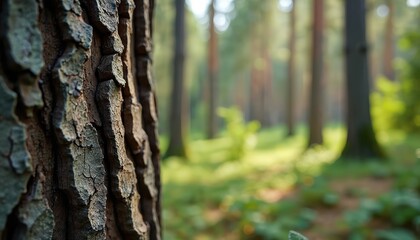 Obraz premium Closeup of rough tree bark texture with blurred green forest background. Sunlight illuminates wood grain. Nature details show organic patterns in woodland environment.