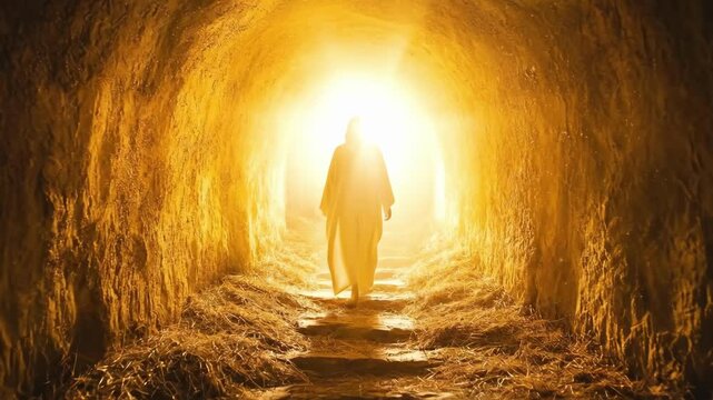 Silhouette of a man walking in a glowing tunnel with warm light. Easter, Pascha, Paskha, Ostern, Pascua, Paques - Orthodox and Catholic Holiday celebration