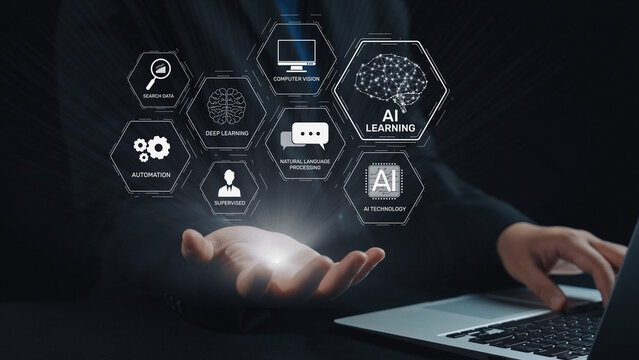AI learning system involves deep learning, supervised machine learning, and natural language processing. AI learning diagram shows how AI advances learn in automation and data processing. Elide