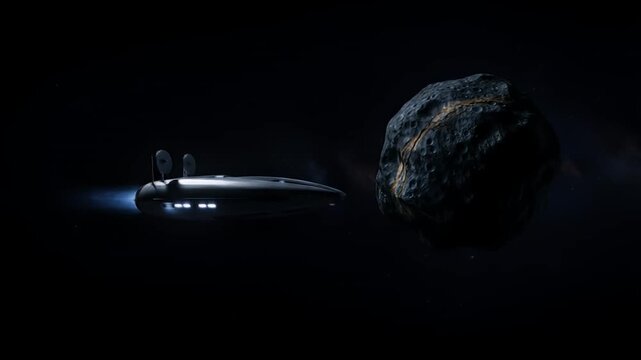 Sleek spaceship flying through dark outer space passing a large asteroid