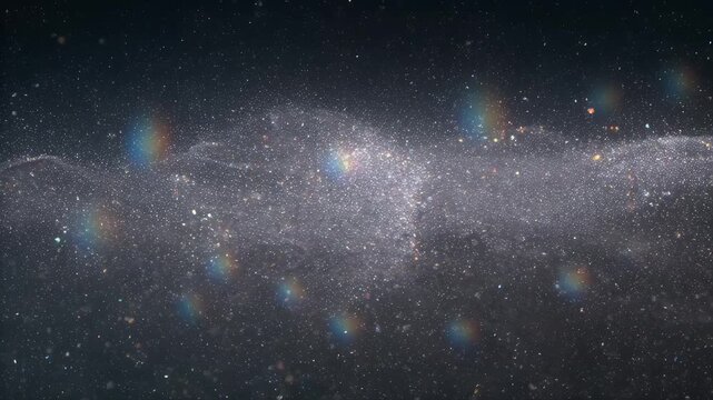 Abstract dispersion of microscopic particles with rainbow light flares on a dark background