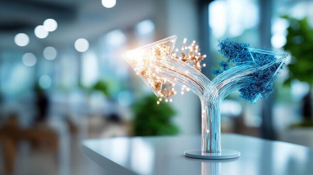 Abstract wide format business decision making concept visualization a glowing central decision node with two clearly differentiated outcome pathways branching outward animated