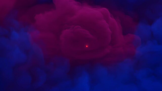 A swirling nebula of deep purple and blue, with a tiny bright red star at its core