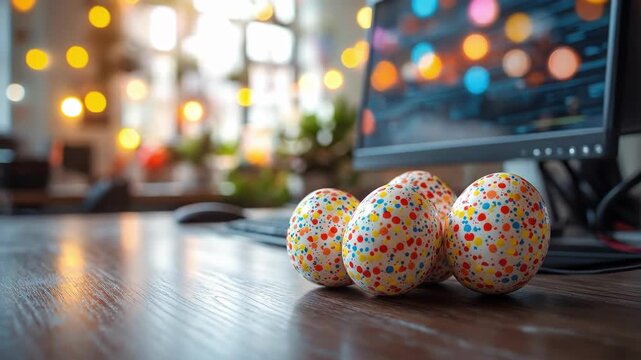 Colorful polka dot easter eggs in bright office setting with computer. Easter, Pascha, Paskha, Ostern, Pascua, Paques - Orthodox and Catholic Holiday celebration