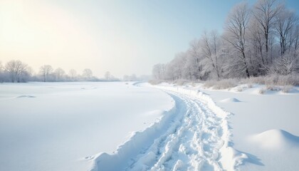 Obraz premium Winding snowy path leads through frozen field bordered by frosted trees under pale sky. Fresh snow covers ground, creating serene winter vista. Journey awaits on untouched landscape.