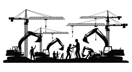 A busy construction site with various heavy machinery and workers depicted in a striking black silhouette high quality professional detailed modern © rabbivay