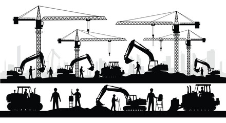 A striking black silhouette depicts a bustling construction site with cranes excavators and workers silhouette high quality professional detailed modern elegant © rabbivay