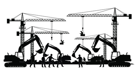 A striking black and white silhouette depicting a bustling construction site with cranes excavators and workers silhouette high quality professional detailed © rabbivay