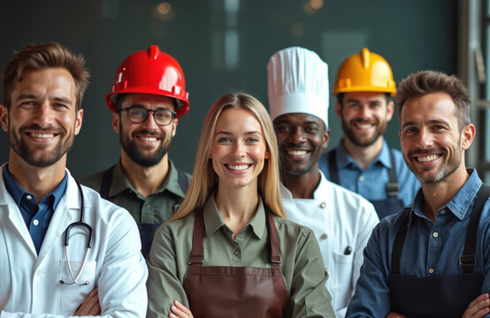 Diverse group of smiling workers from various professions including doctor chef construction worker, more. People stand together wearing uniforms, hard hats. Men, women represent different careers.