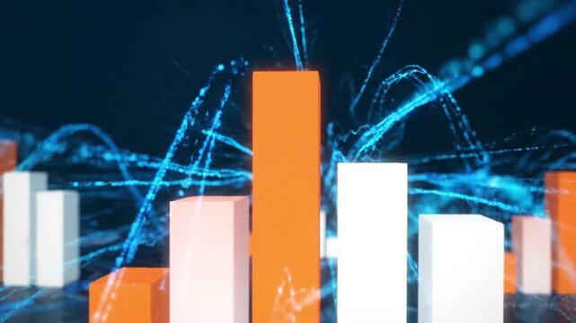 Three dimensional abstract bar chart visualization represents digital data analysis and financial growth statistics