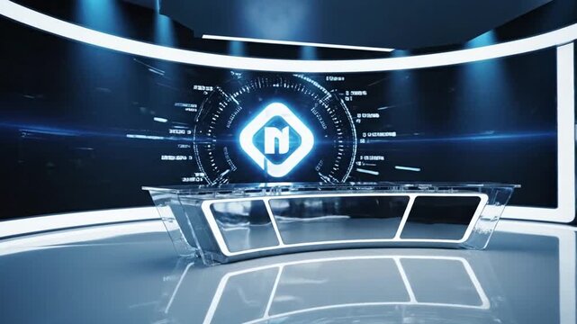 Futuristic news desk with glowing blue logo and sleek transparent design.
