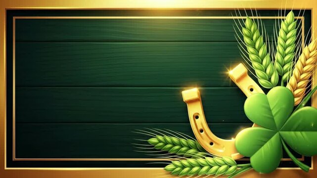 Golden horseshoe, lucky four leaf clover and wheat on a green wooden background with a gold frame for St. Patricks Day.