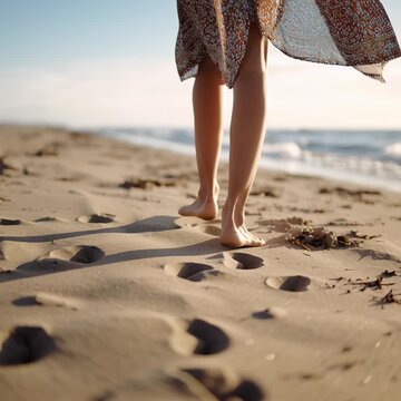 Barfu&szlig; am Strand mit Fu&szlig;spuren im Sand. Ruhige Sommer- und Urlaubsstimmung &ndash; Symbol f&uuml;r Freiheit, Entspannung, Achtsamkeit und Spazierg&auml;nge am Meer.