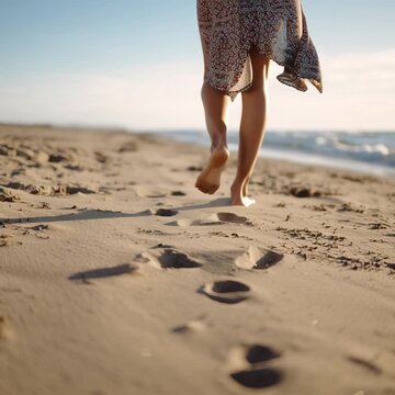 Barfu&szlig; am Strand mit Fu&szlig;spuren im Sand. Ruhige Sommer- und Urlaubsstimmung &ndash; Symbol f&uuml;r Freiheit, Entspannung, Achtsamkeit und Spazierg&auml;nge am Meer.