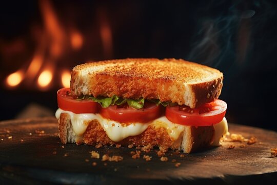 A close-up view of a sandwich on a cutting board. This image can be used to showcase delicious food or for culinary-themed projects