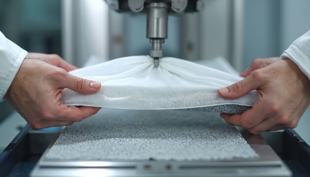 Hands test white fabric in machine. Material is stretched under pressure. Testing lab checks textile strength and elasticity. Quality control research occurs.