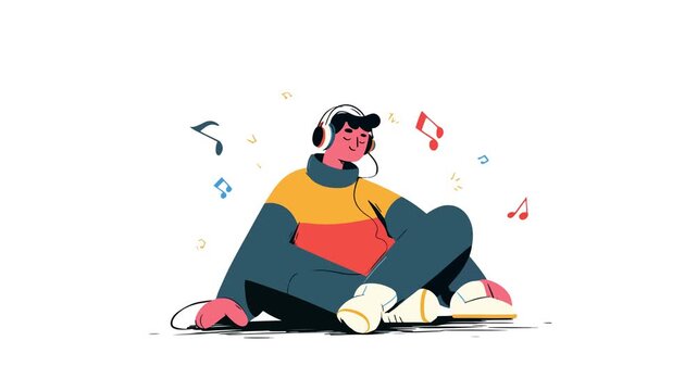 Boy listen to music and song flat design character video animation suitable to your brand, display, template, music, dj, enjoy, relax, hobby, cartoon, mascot, business, and more