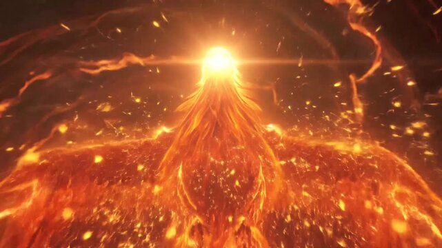 Fiery phoenix with spread wings in glowing flames against dark background