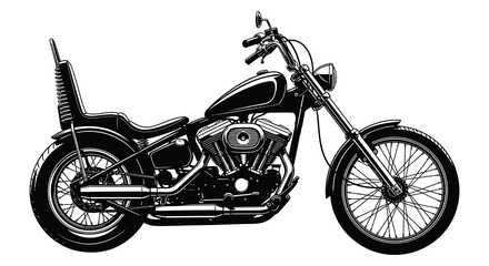 A detailed black and white illustration of a classic chopper motorcycle showcasing its custom design silhouette high quality professional modern elegant © rabbivay