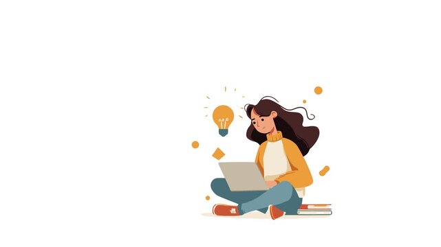 girl student with ideas flat design character video animation suitable to your brand, display, comic, mascot, cartoon, school, marketing, business, and more