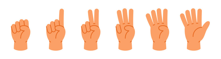 Obraz premium Cartoon hand gestures counting from 0 to 5. Colorful vector icons for preschool math and number learning materials