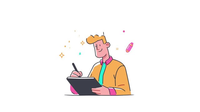 Young man study flat design character video animation suitable to your brand, display, school, student, work, office, mascot, cartoon, template, business, and more