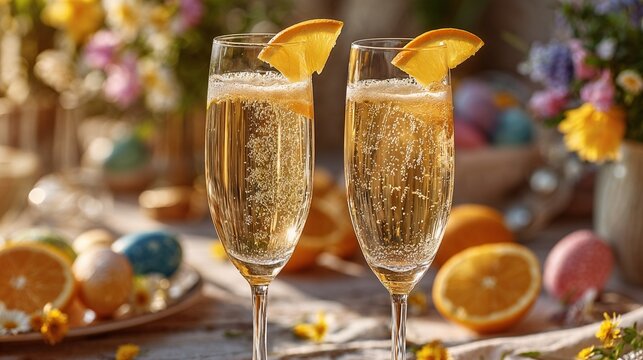 Beverages in festive mood celebrating with sparkling drinks and colorful Easter decorations