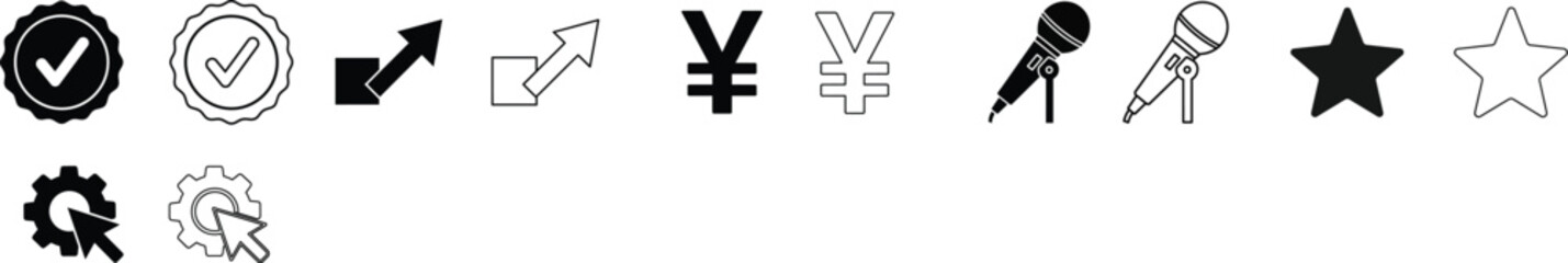 Obraz premium Set of 12 Black and White Outline Business and Interface Icons Vector, including Checkmark, Growth Arrow, Yen Symbol, Microphone, Star, and Gear for Web Design