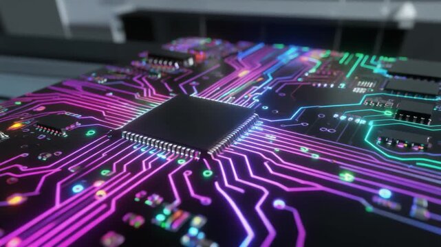 Close-up of a computer microchip with colorful circuit board connections.