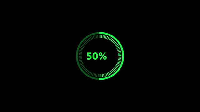 A circular loading progress bar with a vibrant green segmented ring and "30%" displayed in bright green text at the center, against a deep black background, indicating a partial completion of a