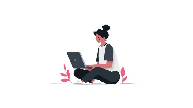 business girl working on laptop flat design character video animation suitable to your brand, display, comic, student, school, mascot, cartoon, marketing, business, and more