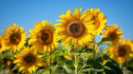Fototapeta premium Sunflower field with cloudy blue sky. Sunflowers landscape