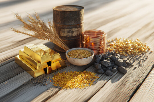 Various commodities including gold, oil, wheat, copper, and coal on wood.