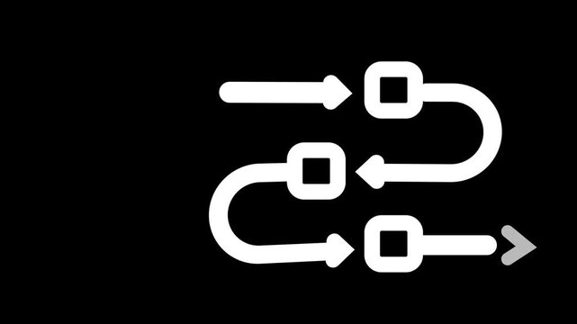 White abstract flow chart diagram with arrows and squares on a black background illustrating a process or a sequence of steps in a workflow