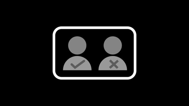 Gray user with a checkmark and an X inside a rounded rectangle on a black background representing a neutral decision or a binary choice