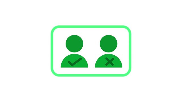 Green user with a checkmark and an X inside a rounded rectangle on a white background symbolizing a choice between two options or a decision making process